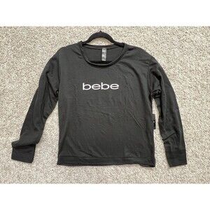 “Bebe Logo Black Long Sleeve Shirt Women Size XL Crew Neck Casual Top”
